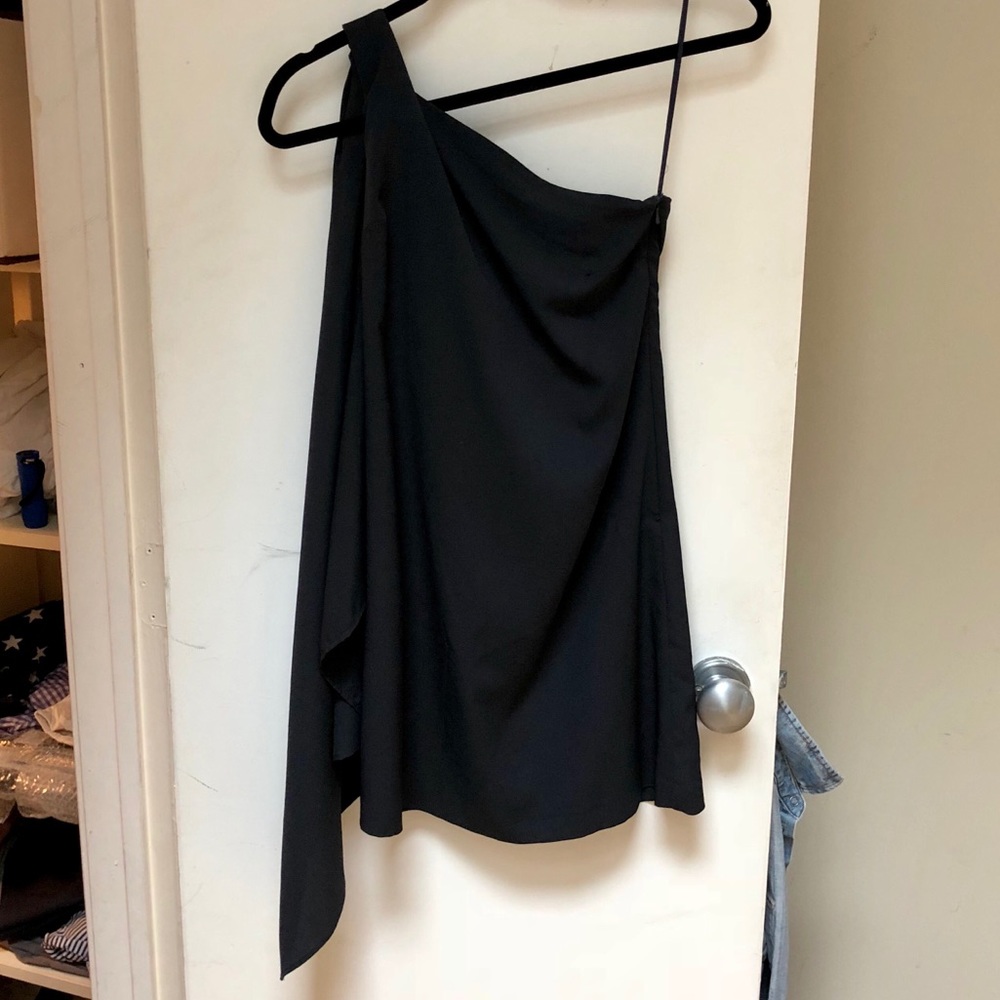 Black Topshop one shoulder dress with train